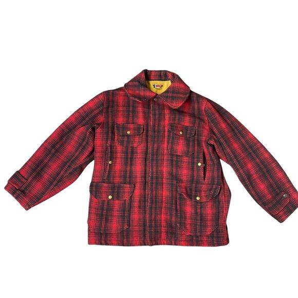 Woolrich Vtg 40's Men's 44 Wool Red Black Buffalo Plaid Hunting Jacket VGUC - Picture 1 of 9